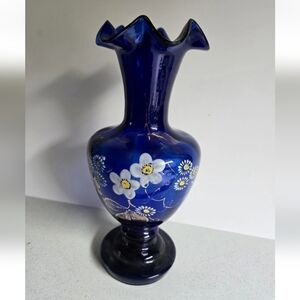 Czech Bohemian Hand Blown and Painted Cobalt  Vase Ruffled Rim Glass Vtg